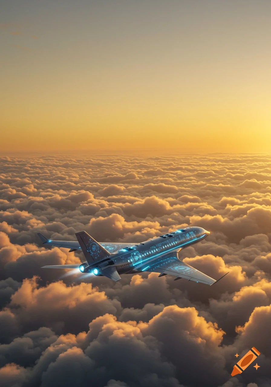 A futuristic airplane with glowing blue circuit patterns flies above clouds during a golden sunset.