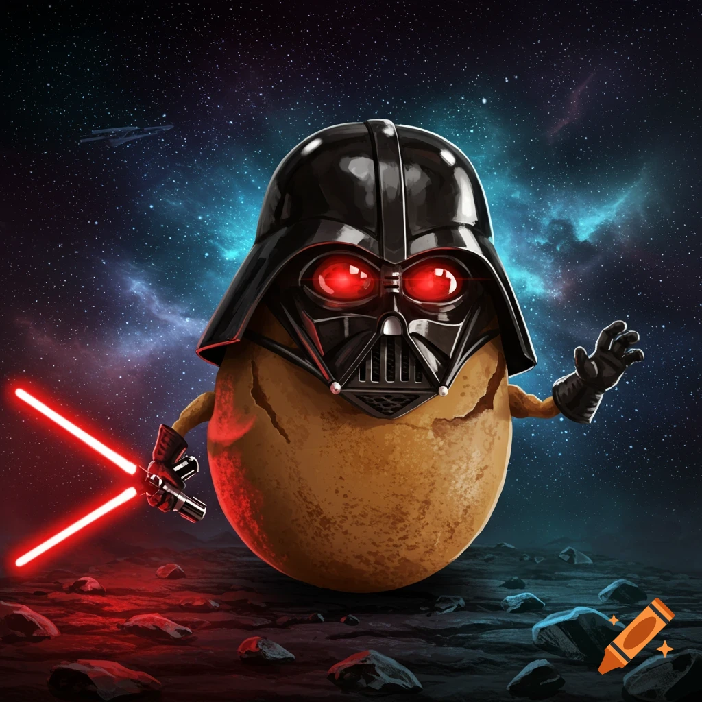 A whimsical potato character dressed as Darth Vader, holding two red lightsabers, stands on a rocky alien planet under a starry space sky.