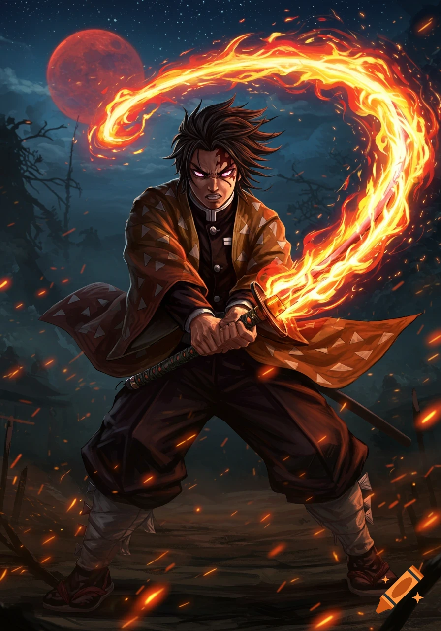 An anime character in a patterned kimono with glowing eyes wields a flaming sword under a blood-red moon in a dark, dramatic setting.