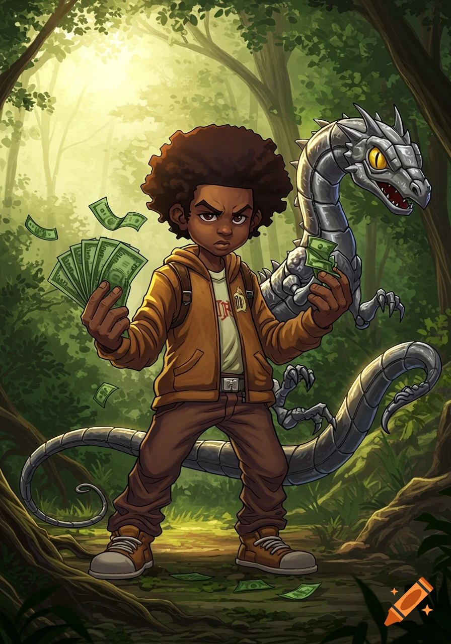 Cartoon boy with an afro, holding fanned money, stands next to a metallic dragon in a lush forest, in an illustrated style.