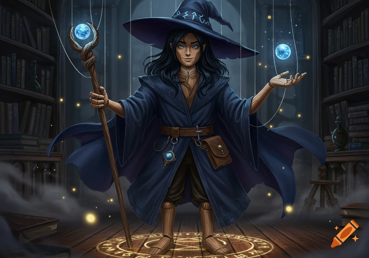 A male marionette wizard with black hair, blue eyes, and a dark blue hat and robe, holds a staff with a glowing orb, standing on a magic circle in a library.