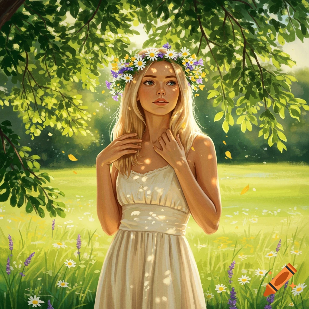 A blonde woman in a white sundress and flower crown stands in a sunny, green field with trees, in an illustrated style.