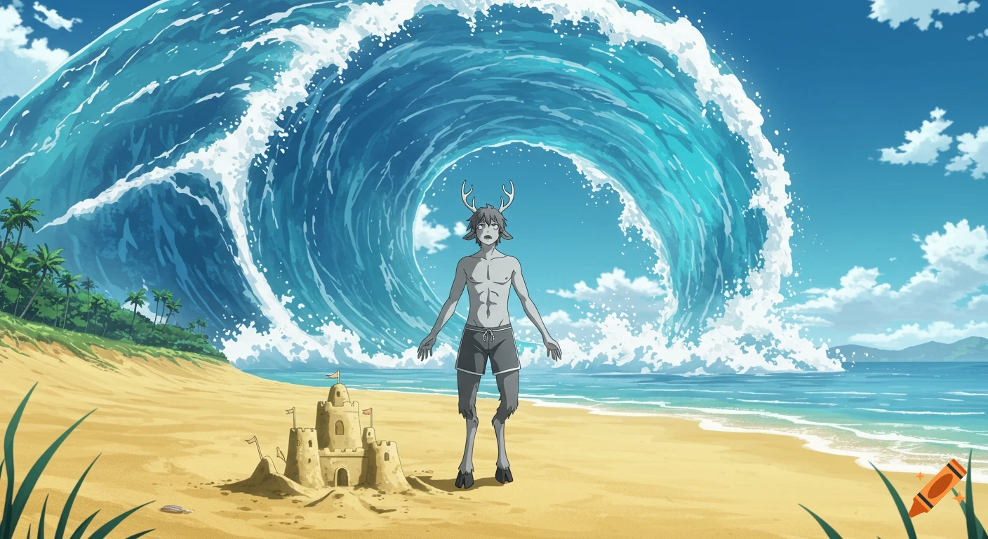 An anime satyr in grayscale stands on a beach in swim jammers, dismayed by a giant blue tsunami approaching his sandcastle.