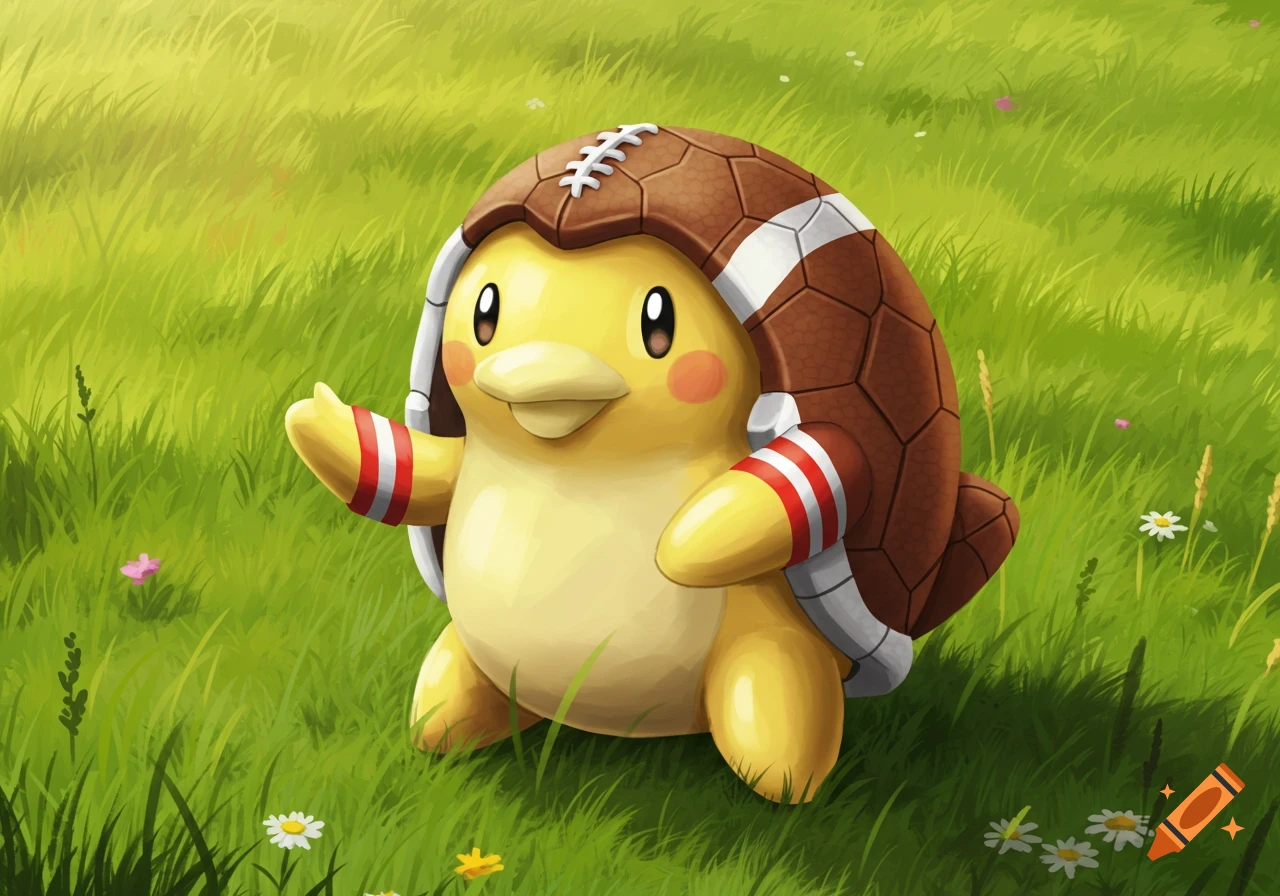 A cute yellow cartoon creature with a football shell and striped armbands stands in a grassy field.