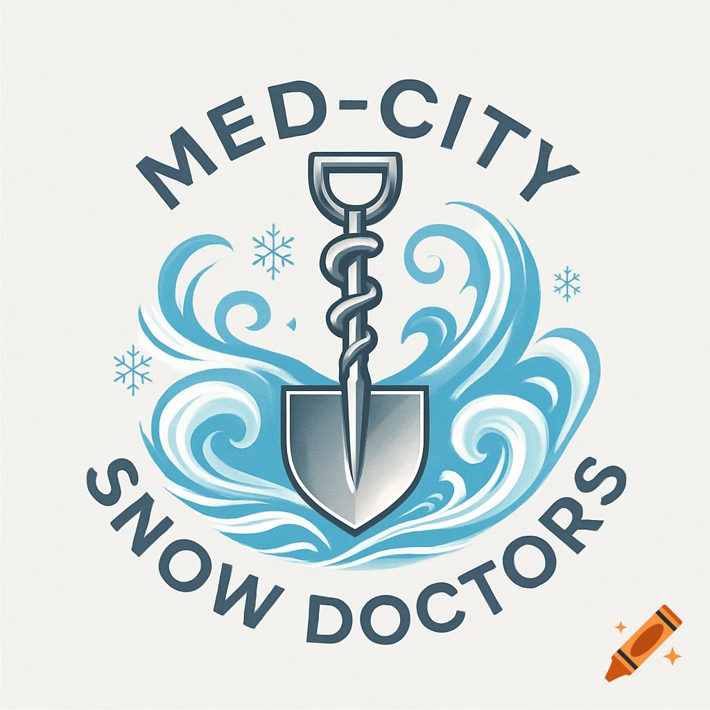 Logo for Med-City Snow Doctors with a shovel featuring a caduceus, surrounded by blue waves and snowflakes.