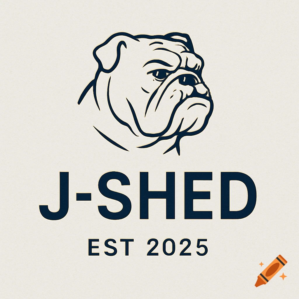 A minimalist black and white logo featuring a bulldog head above the text 'J-SHED EST 2025'.