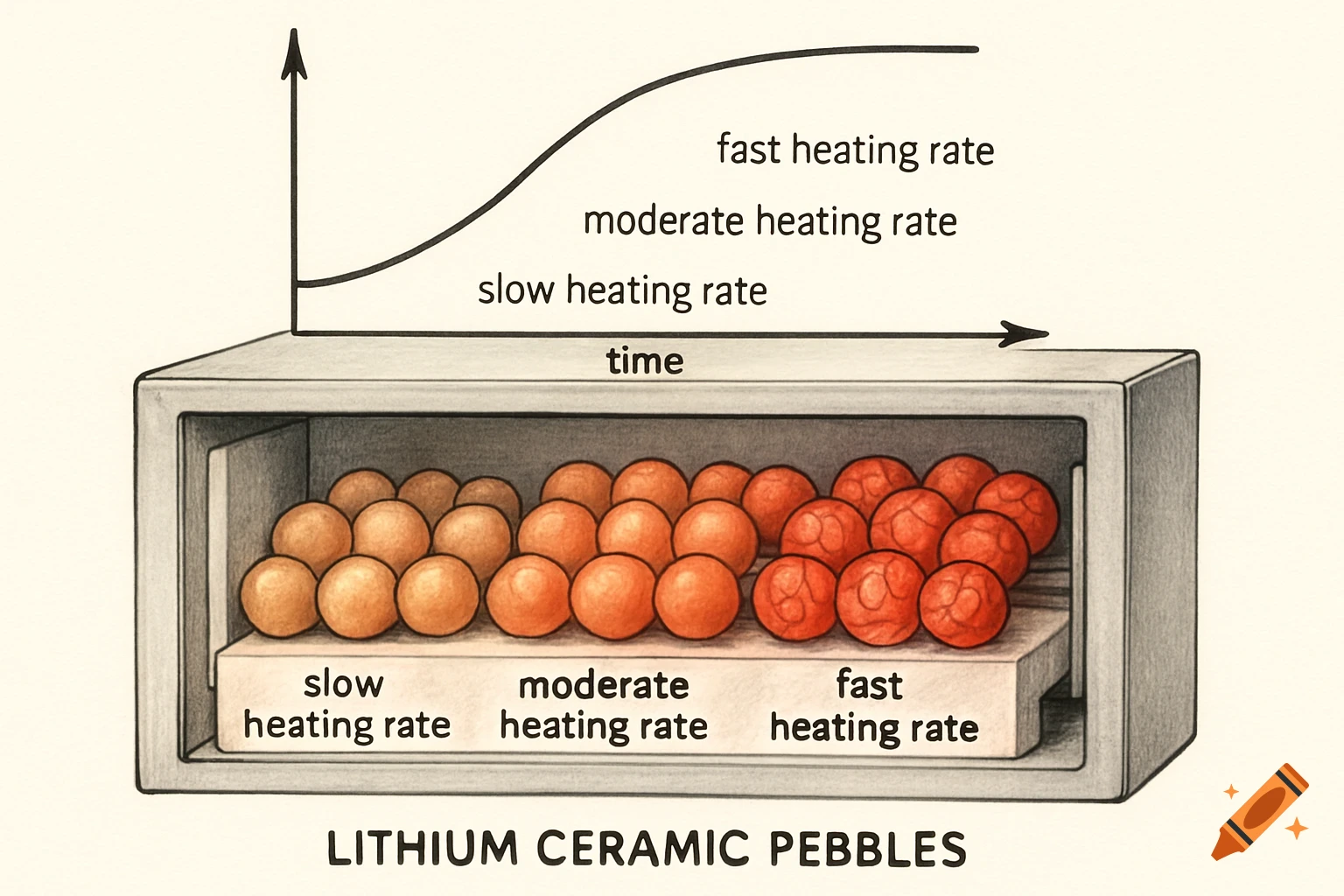 A scientific illustration showing lithium ceramic pebbles in a furnace with varying heating rates, alongside a time-series graph.