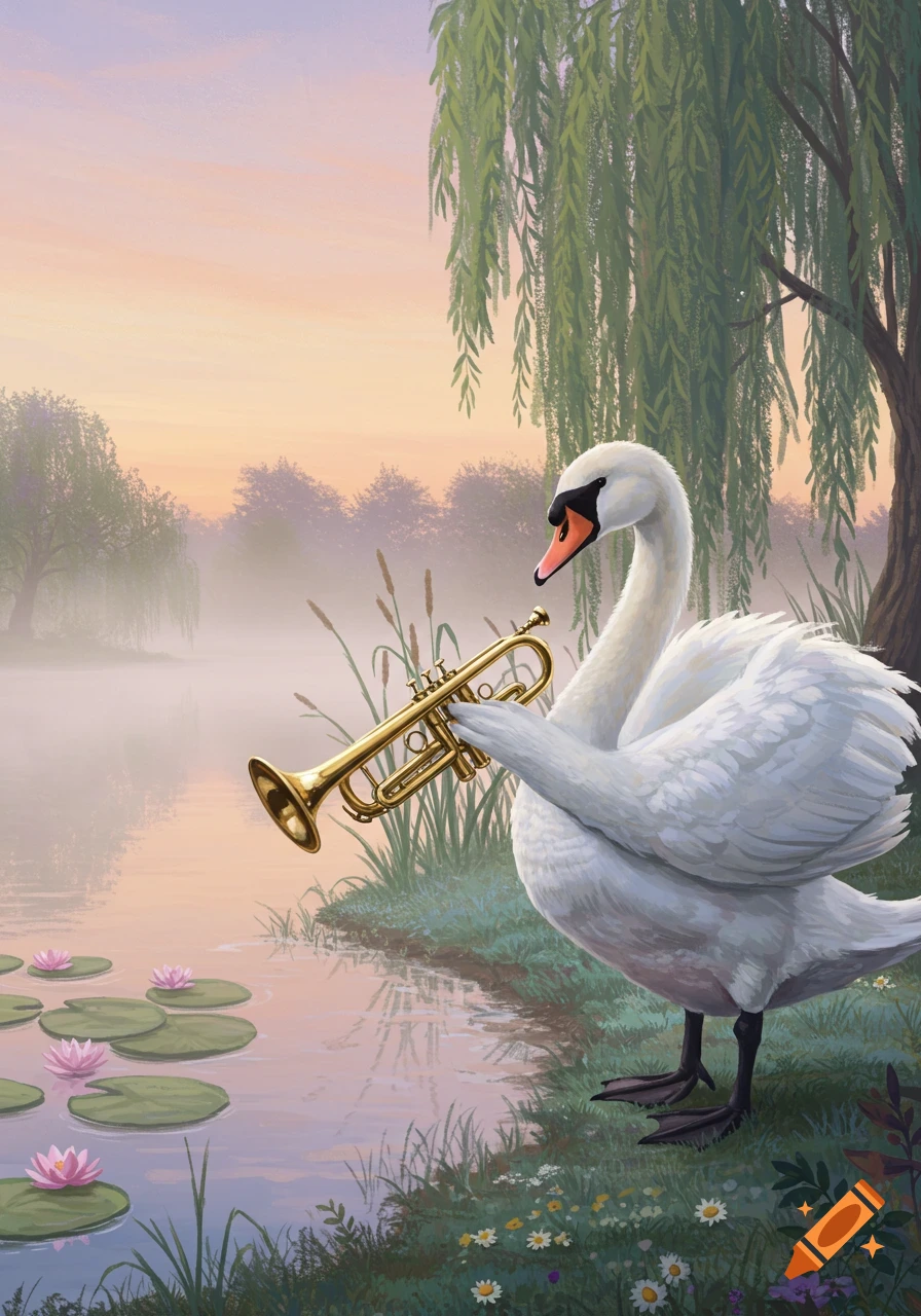 A white swan stands by a misty lake at dawn, holding a golden trumpet. Water lilies float near weeping willow trees.