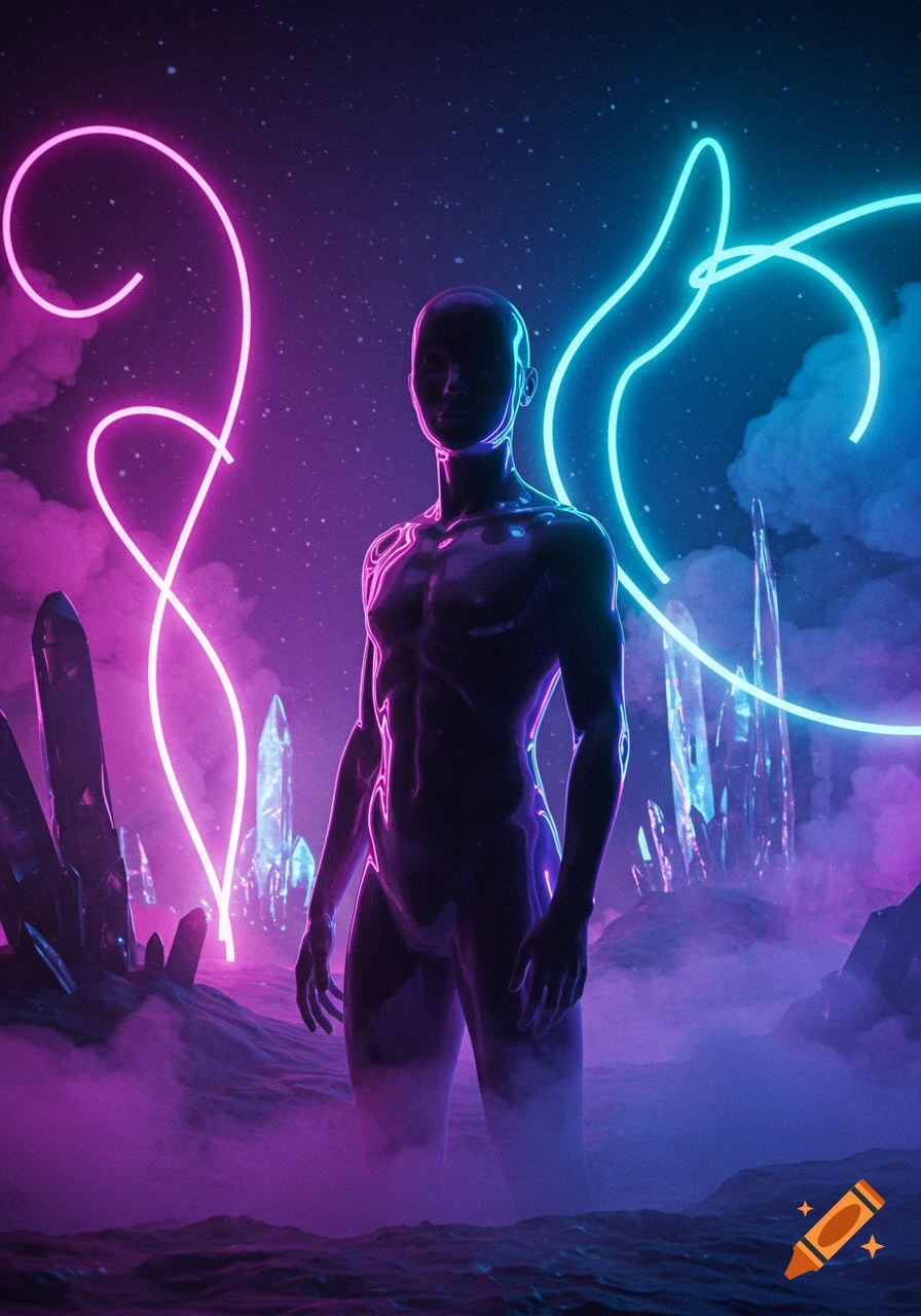 Faceless humanoid figure on an alien landscape with glowing crystals under a starry sky, illuminated by pink and blue neon lights and mist.