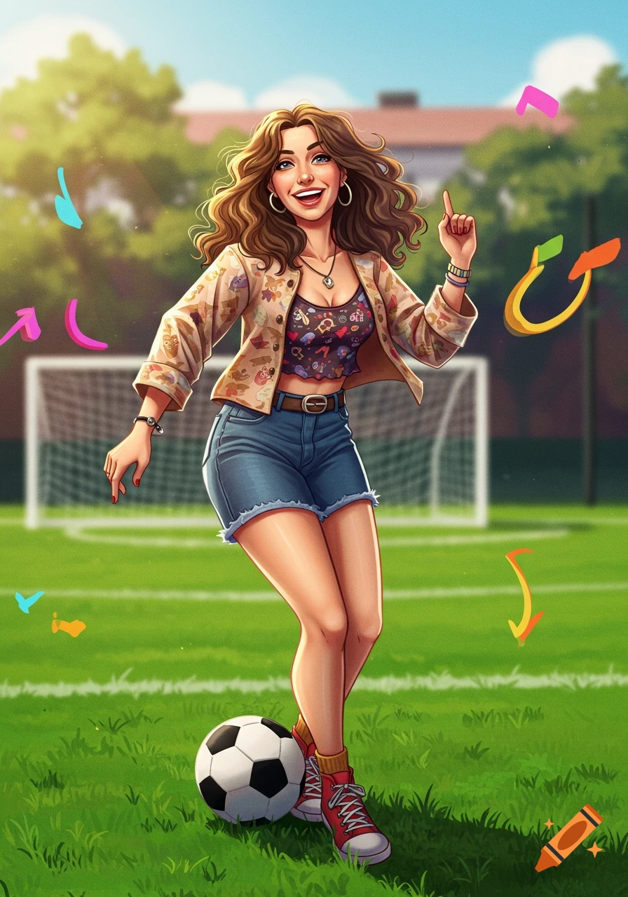 A smiling cartoon woman in trendy clothes stands on a soccer field with a ball, pointing upwards.