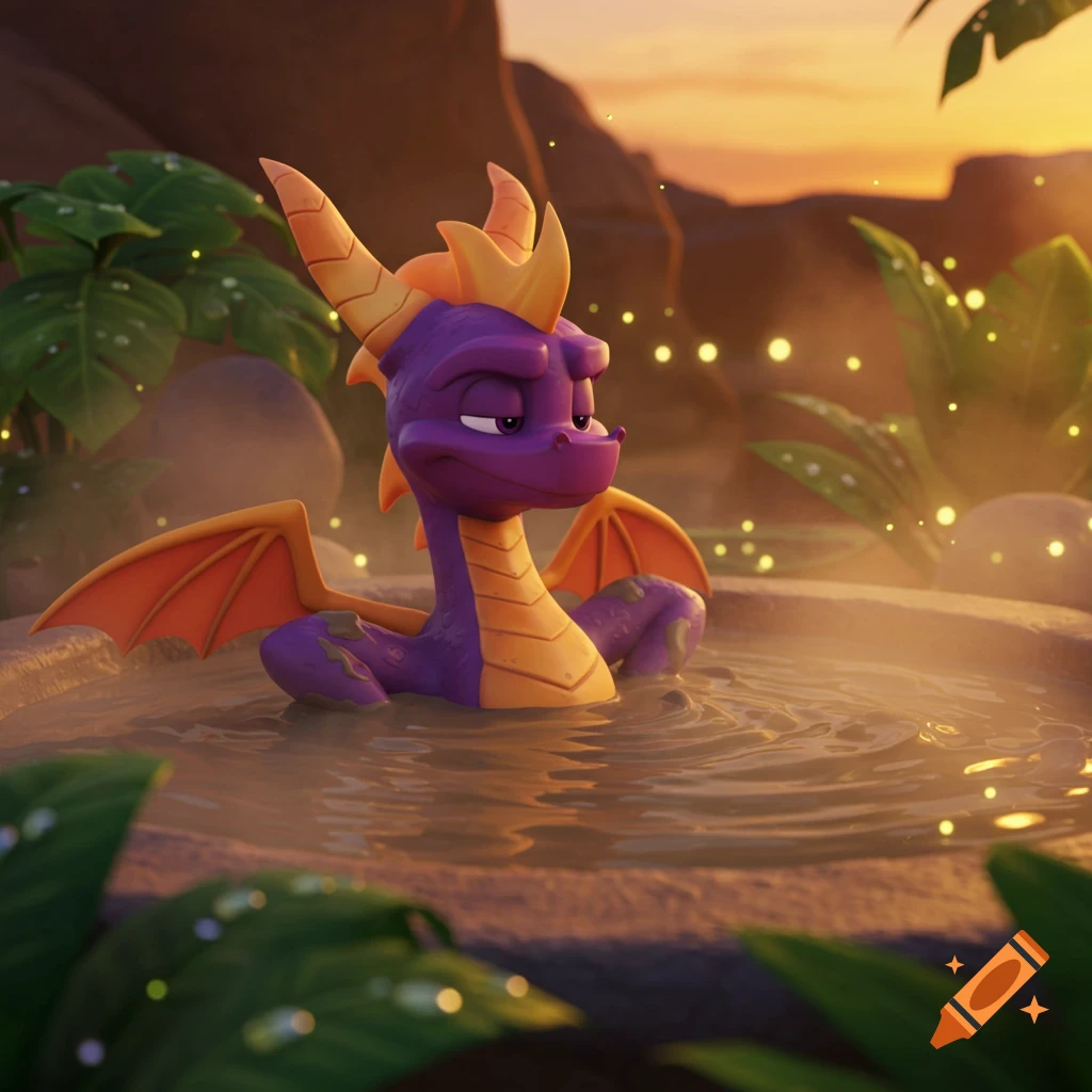 Spyro the purple dragon relaxing in a mud hot tub at sunset, 3D animation.