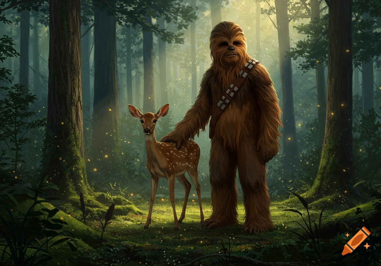 Chewbacca gently pets a spotted deer in a mystical, sun-dappled forest with glowing fireflies.