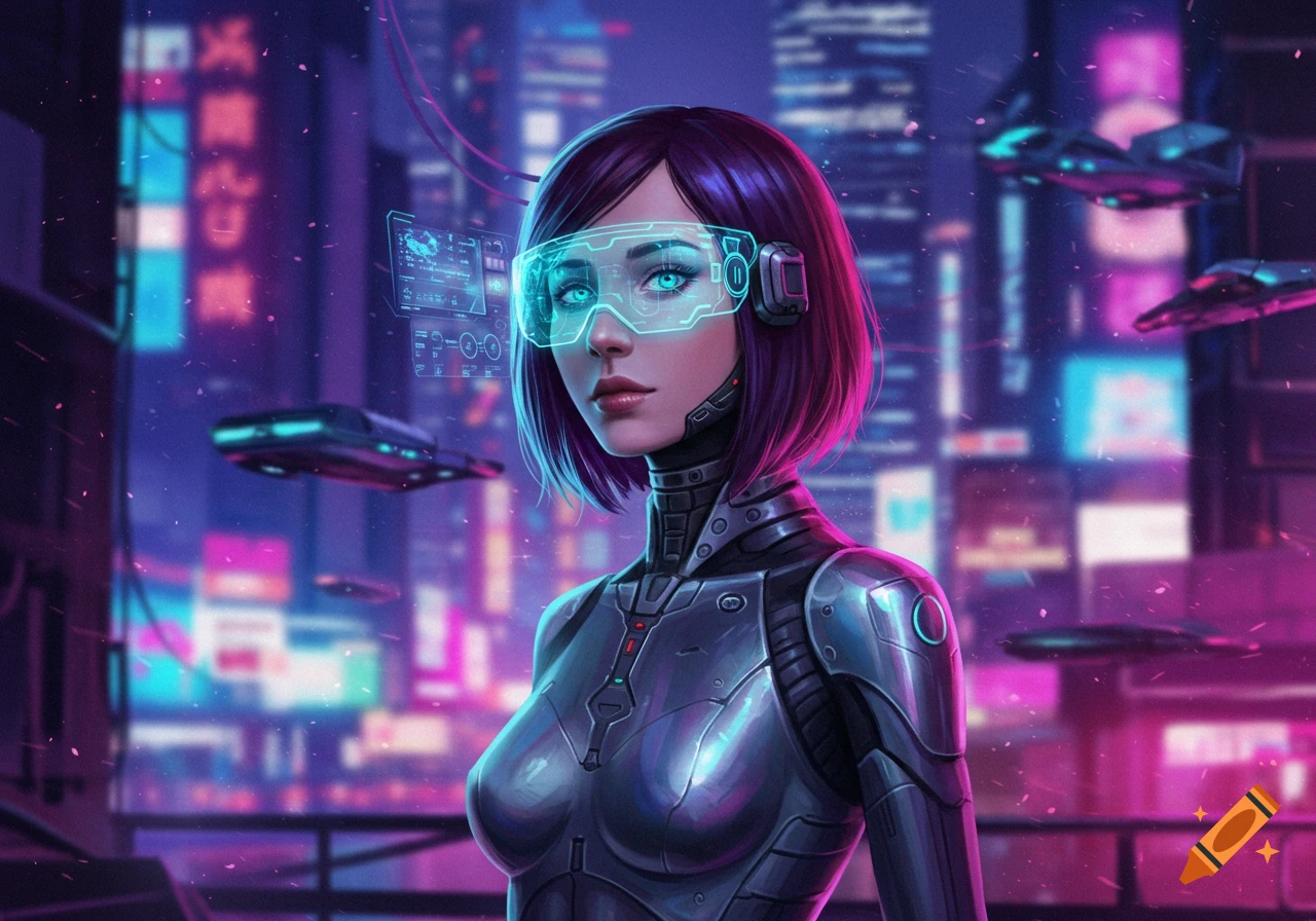 A cyberpunk woman with short purple hair and a glowing blue visor wears metallic armor, standing in a neon-lit futuristic city.
