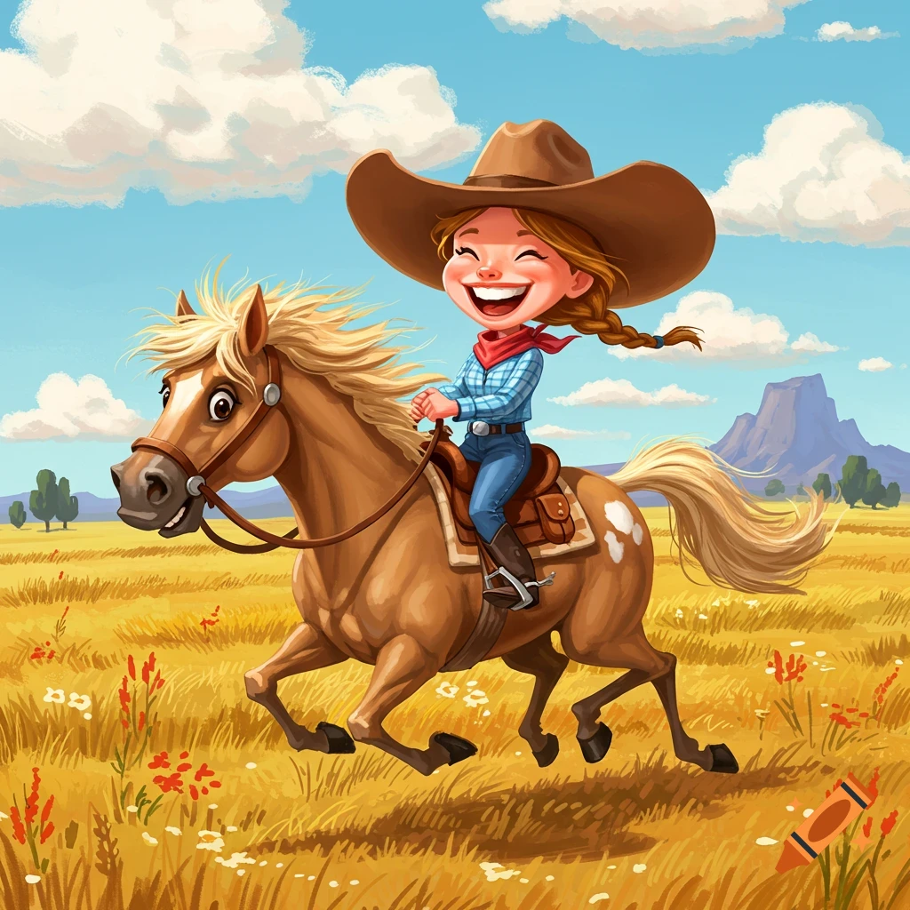 A smiling cartoon girl in a cowboy hat rides a galloping western horse through a sunny, grassy field.