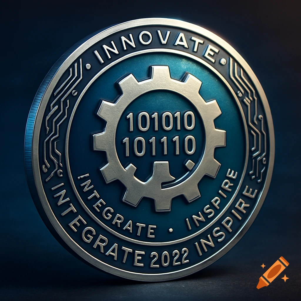 Silver and blue challenge coin with 'INNOVATE', 'INTEGRATE', 'INSPIRE', '2022' and binary code '101010 101110' embossed, featuring a gear.