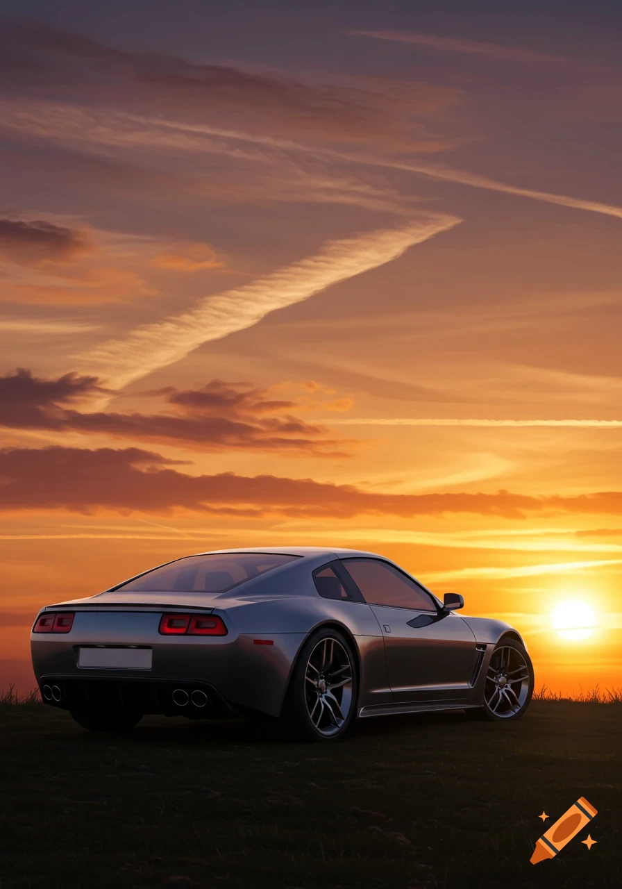 A sleek silver sports car parked on a grassy hill, viewed from the rear, against a vibrant orange and purple sunset.