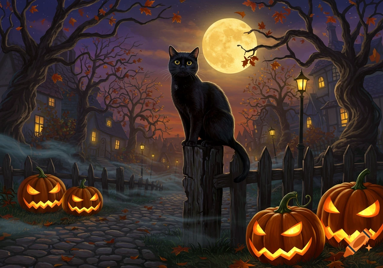 A black cat sits on a fence post in a spooky Halloween village scene under a full moon, with glowing jack-o'-lanterns.