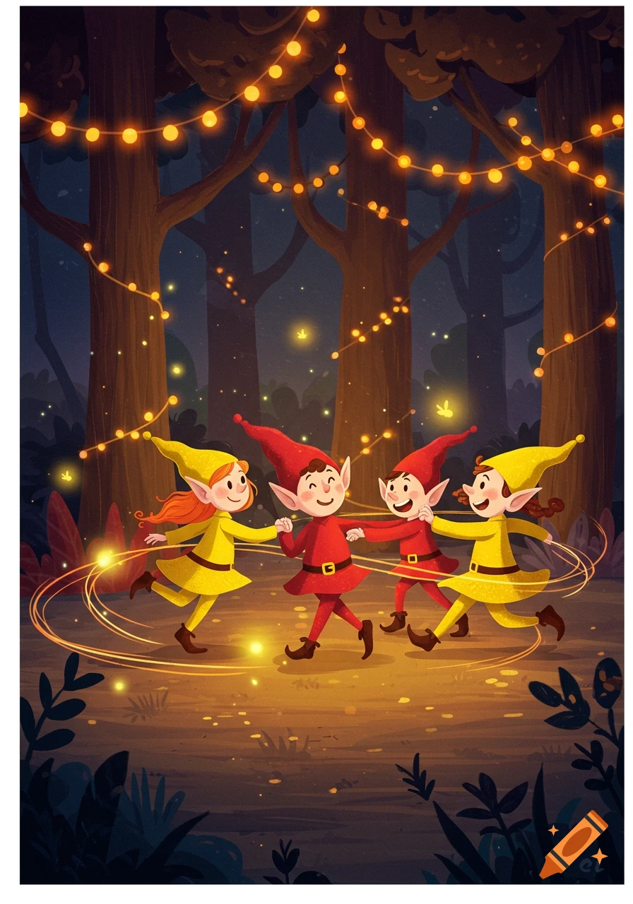 Four happy cartoon elves in red and yellow outfits dance in a magical forest at night, illuminated by glowing string lights and fireflies.