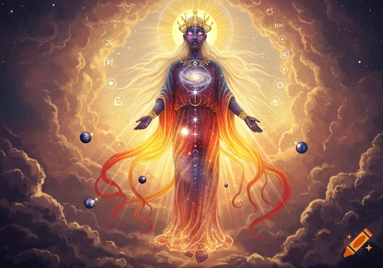 A radiant cosmic deity with long blonde hair, purple skin, a crown, and a galaxy on their chest, standing in golden clouds surrounded by stars and mystical symbols.