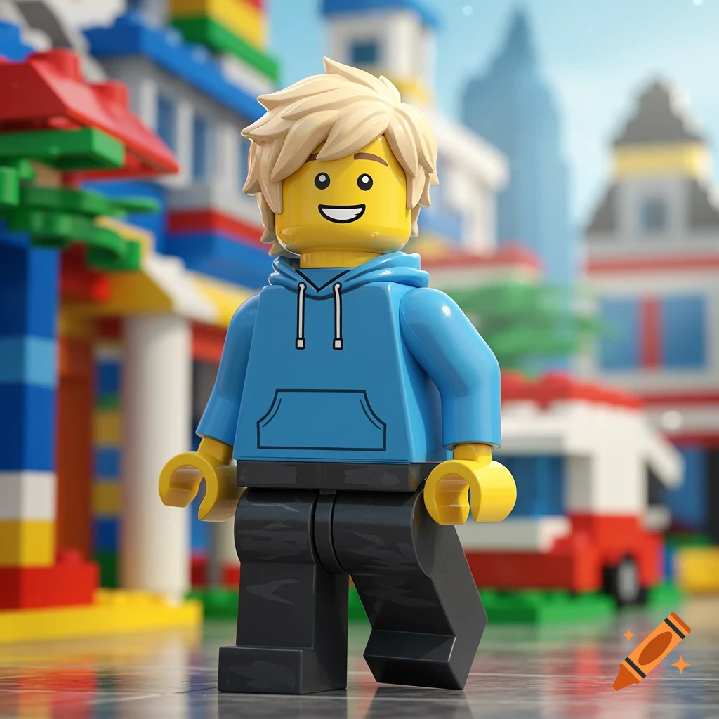 Blonde LEGO minifigure boy in a blue hoodie and dark pants stands smiling in a vibrant, blurry LEGO city street.