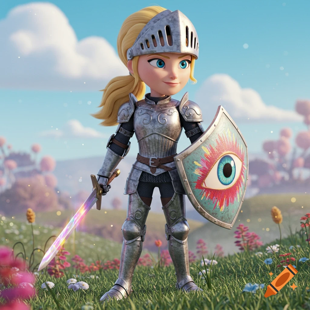 A Pixar-style blonde female knight in full armor holds a glowing sword and a shield with an eye, standing in a flowery field.