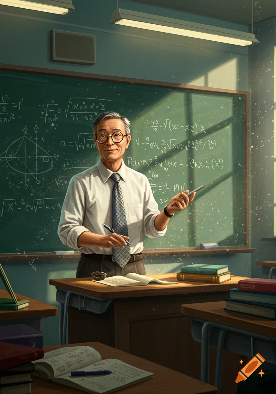 An East Asian male math teacher stands smiling in a classroom, in front of a blackboard filled with equations, holding a pen.