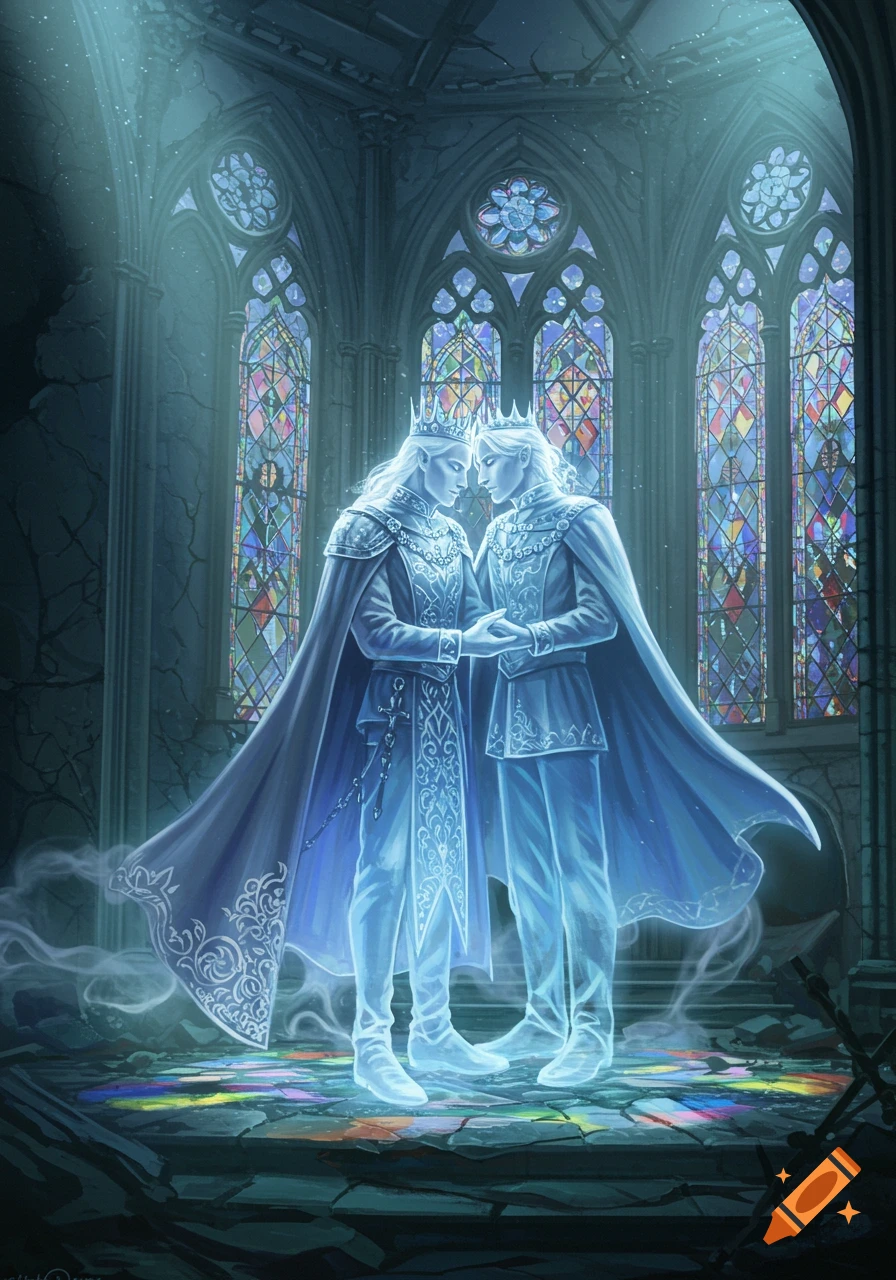 Ethereal fantasy illustration of two ghost kings holding hands in a ruined cathedral with colorful stained glass windows.