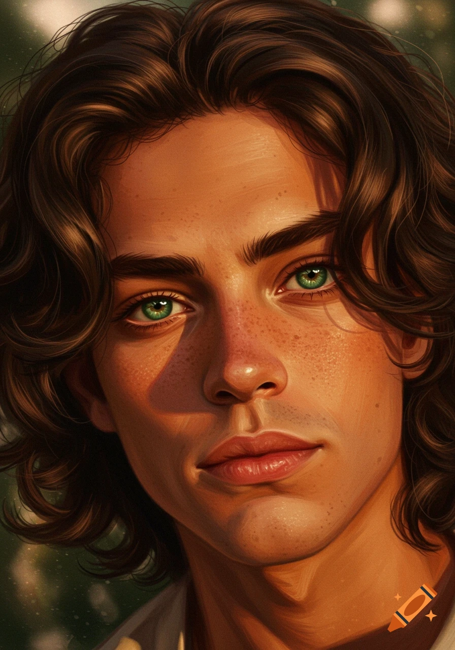 A close-up digital painting of a young man with wavy brown hair, bright green eyes, freckles, and a slightly crooked nose, with warm light on his face.