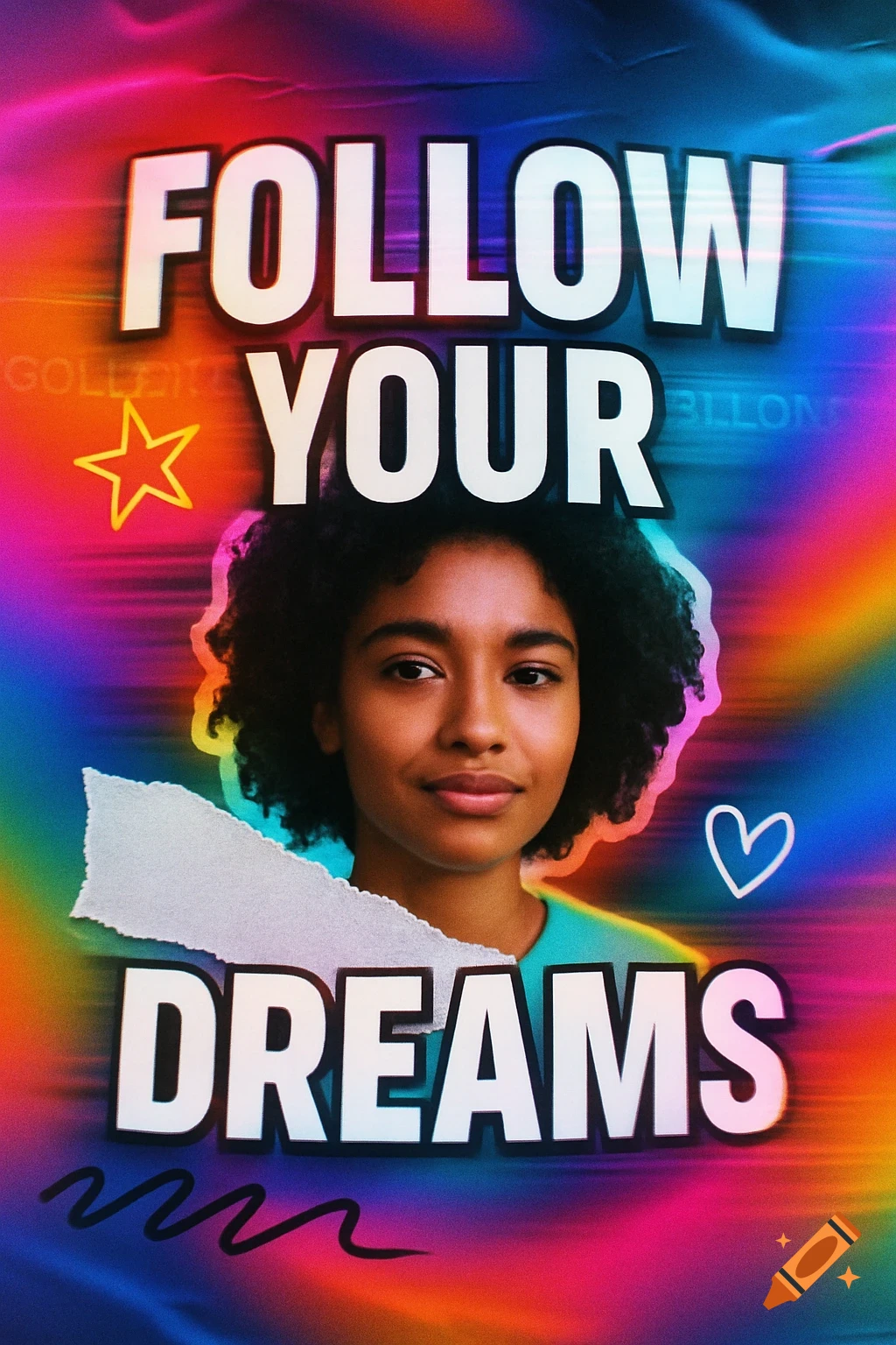 A young woman with curly hair smiles, framed by bold white text 'FOLLOW YOUR DREAMS' on a vibrant rainbow gradient background with graphic elements.
