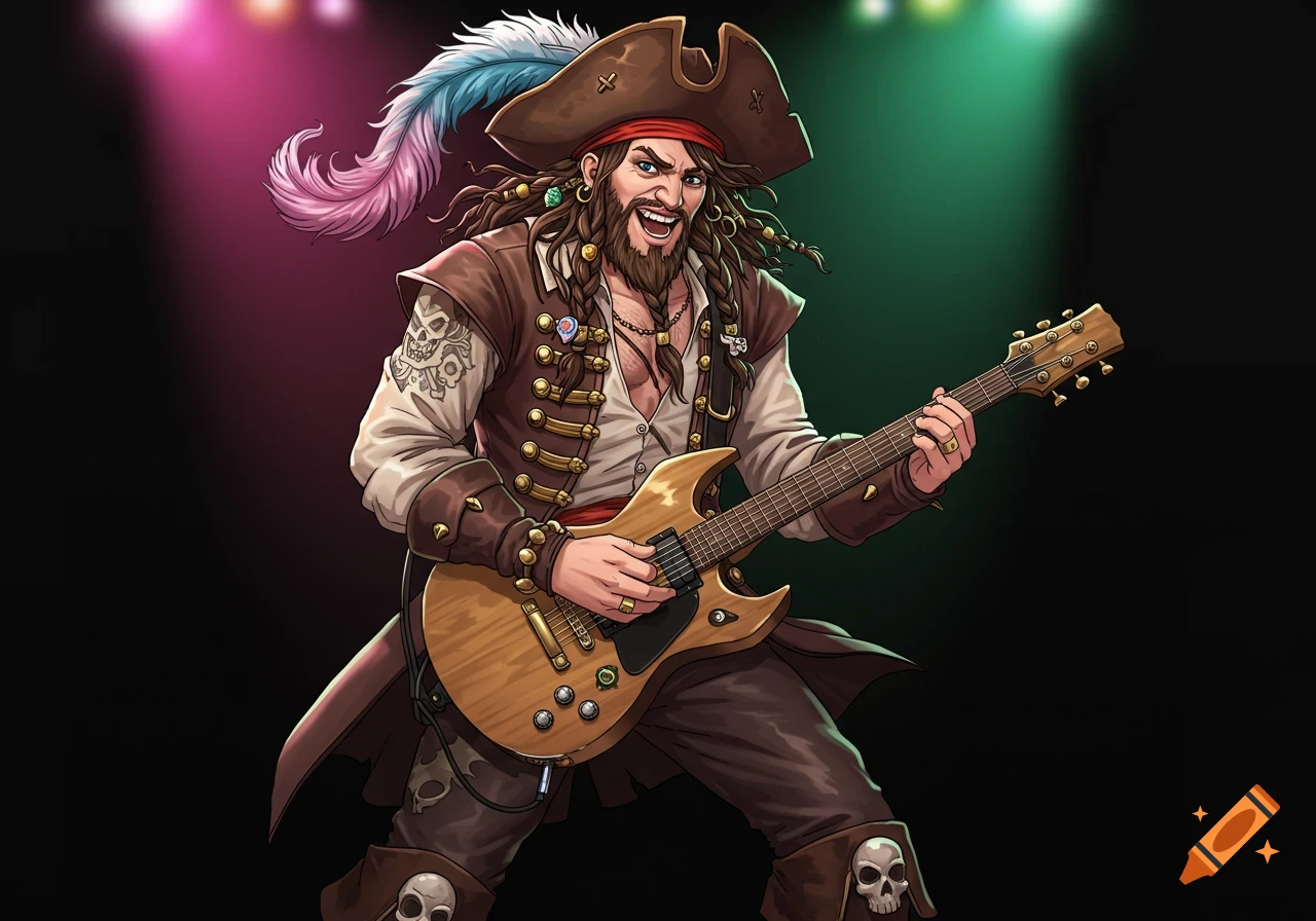 Cartoon pirate rockstar with a beard and a feather hat playing an electric guitar on a stage with spotlights.
