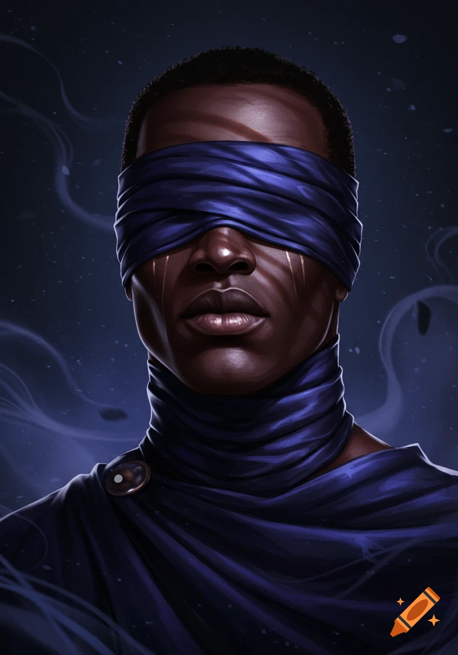 Close-up portrait of a dark-skinned man with a blue blindfold and matching robe, featuring golden markings like tears and a dark, moody background.