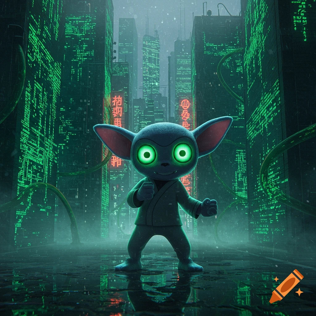A blue, cartoonish creature with large ears and glowing green eyes in a gi stands in a rainy, neon-lit cyberpunk city with green code.