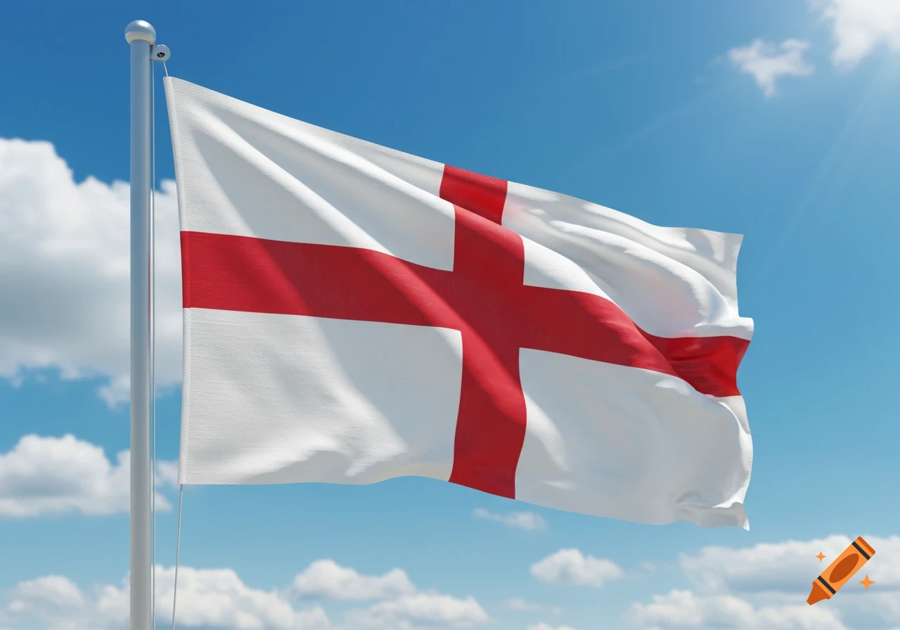 A photorealistic image of the St. George's flag of England waving against a bright blue sky with clouds and sun glare.