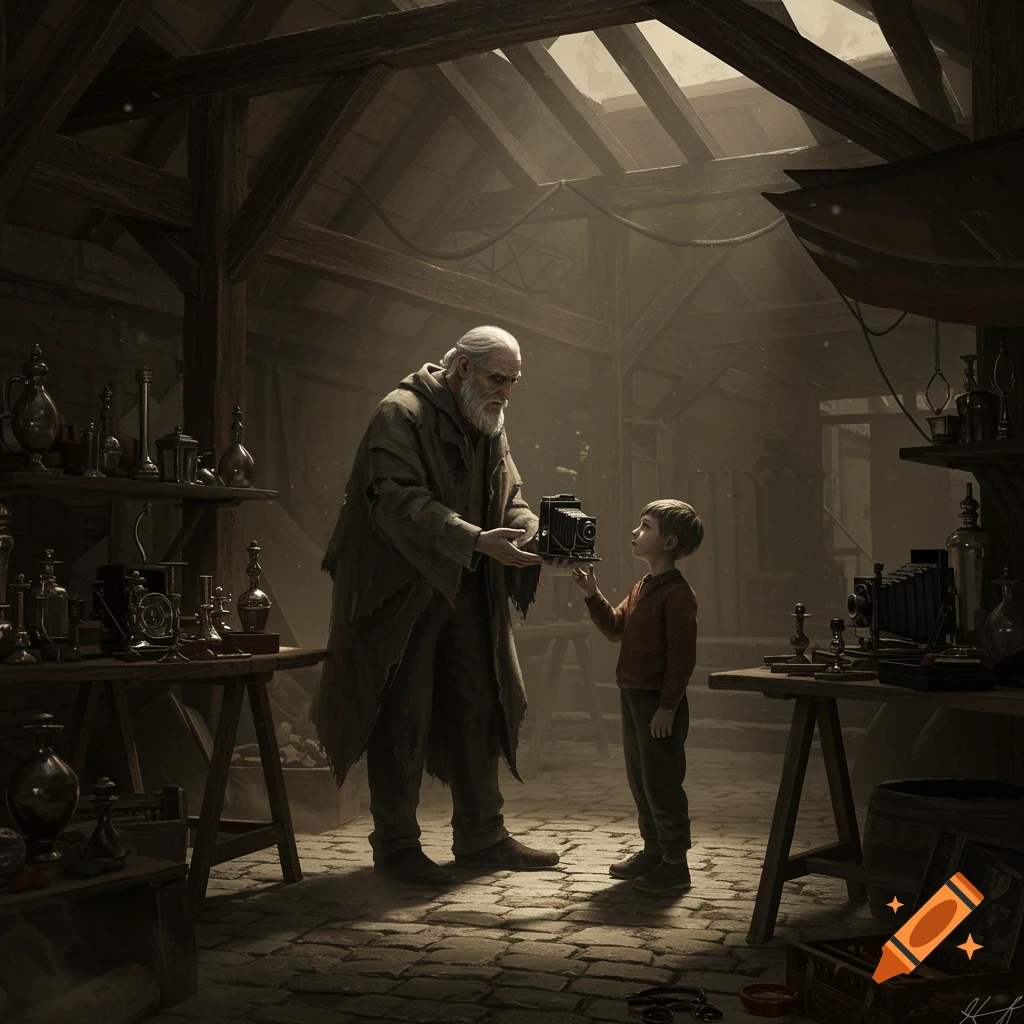 An old man with a warning expression hands an antique camera to a young boy in a dusty, dimly lit vintage attic, surrounded by old objects.