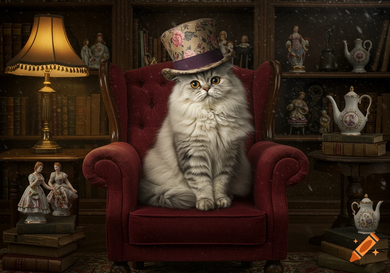 A fluffy gray cat wearing a floral top hat sits regally in a red armchair in a cozy, photorealistic library setting with books and a lamp.