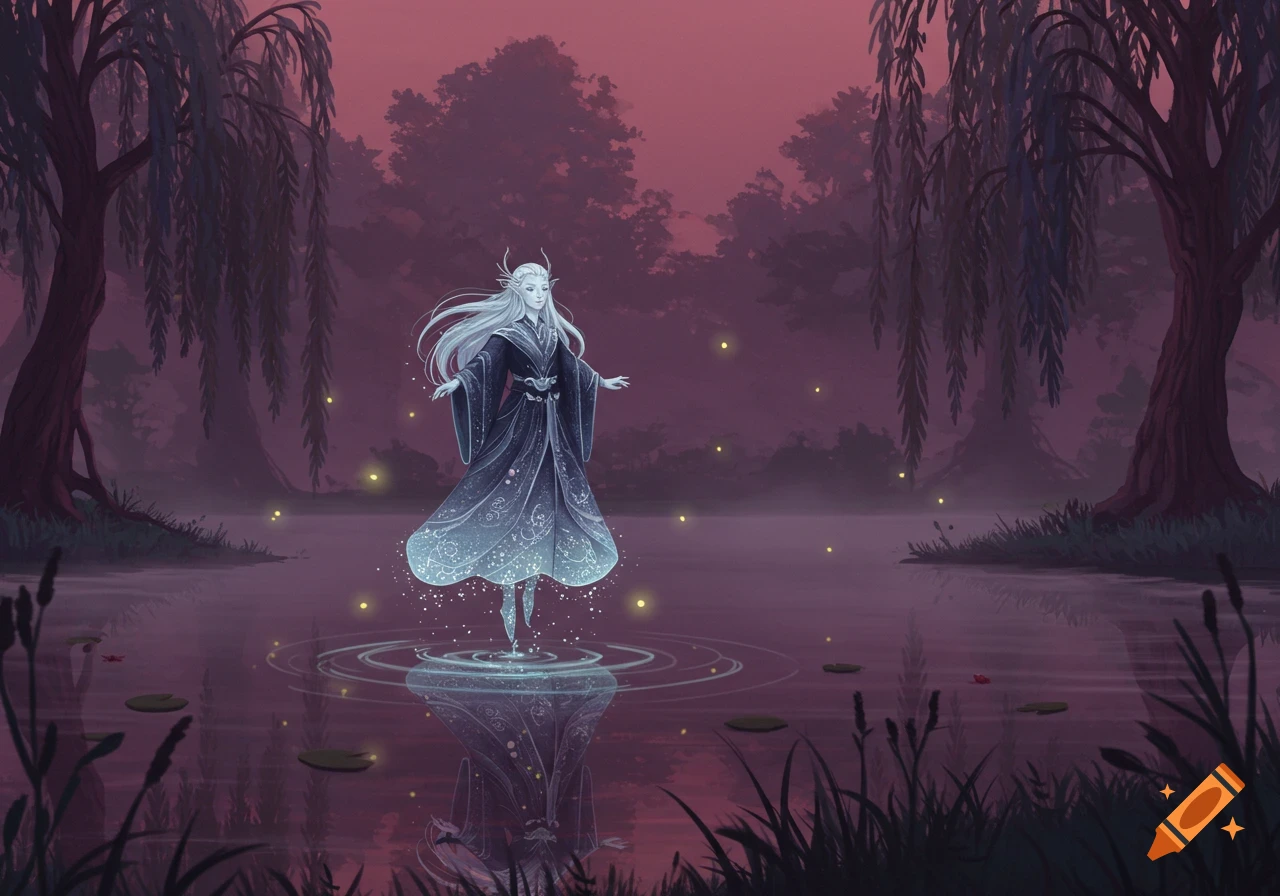 Luminous elf-like figure with long white hair in a dark robe stands on water, surrounded by glowing fireflies in a mystical purple twilight forest.