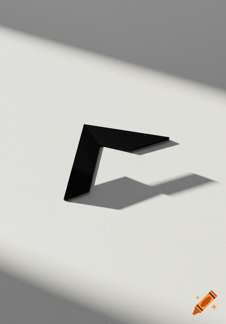 A black angular, L-shaped object casts a strong shadow on a clean white background, with soft light gradients across the surface.