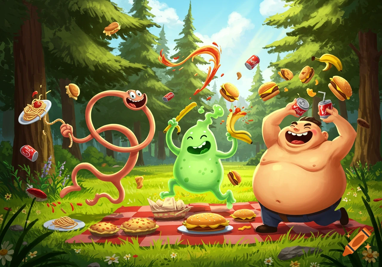 Cartoon characters, including a worm-like creature, a green blob, and a large man, have a chaotic food fight at a forest picnic.