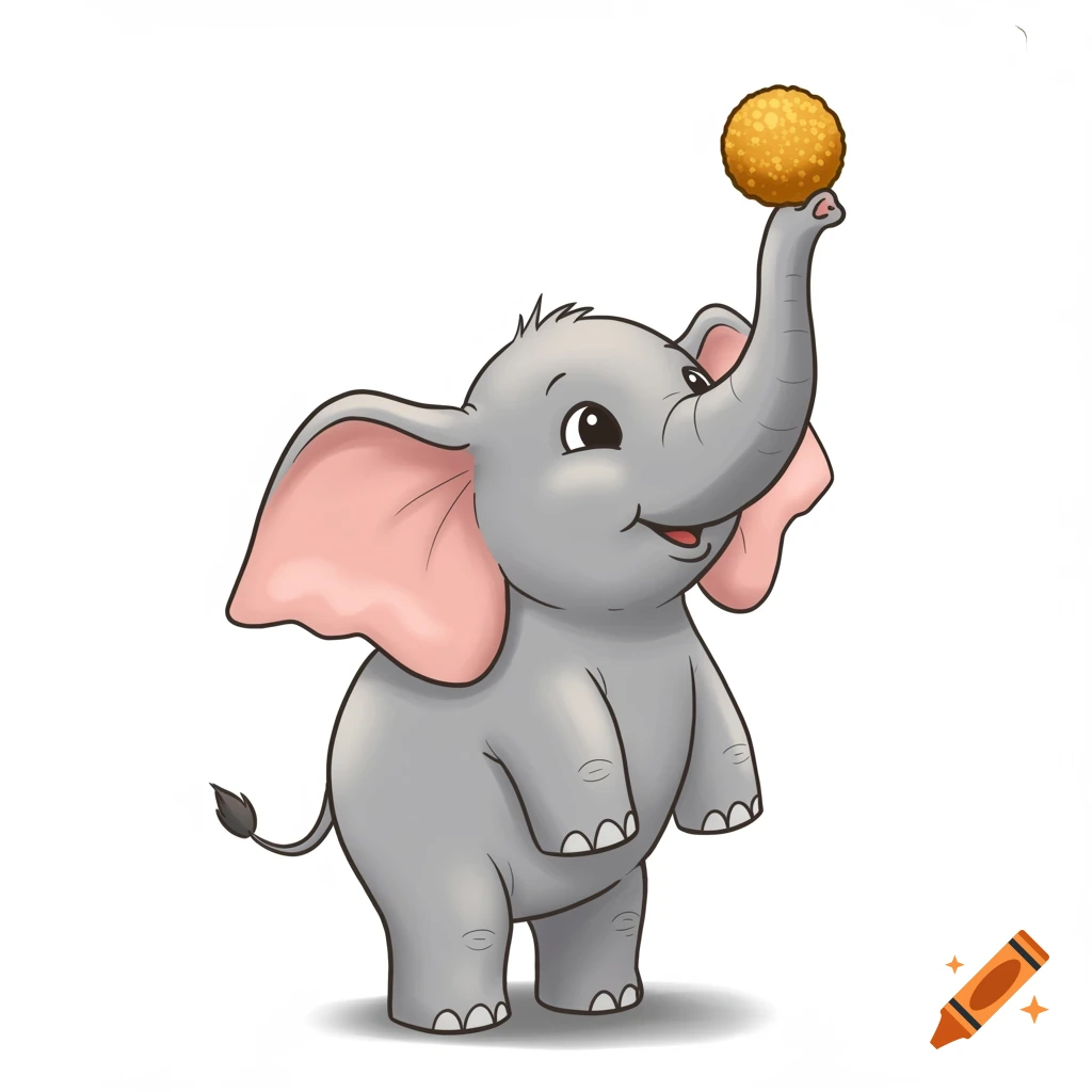 A cute cartoon baby elephant with large ears stands, holding a golden, spherical ladoo on its raised trunk.