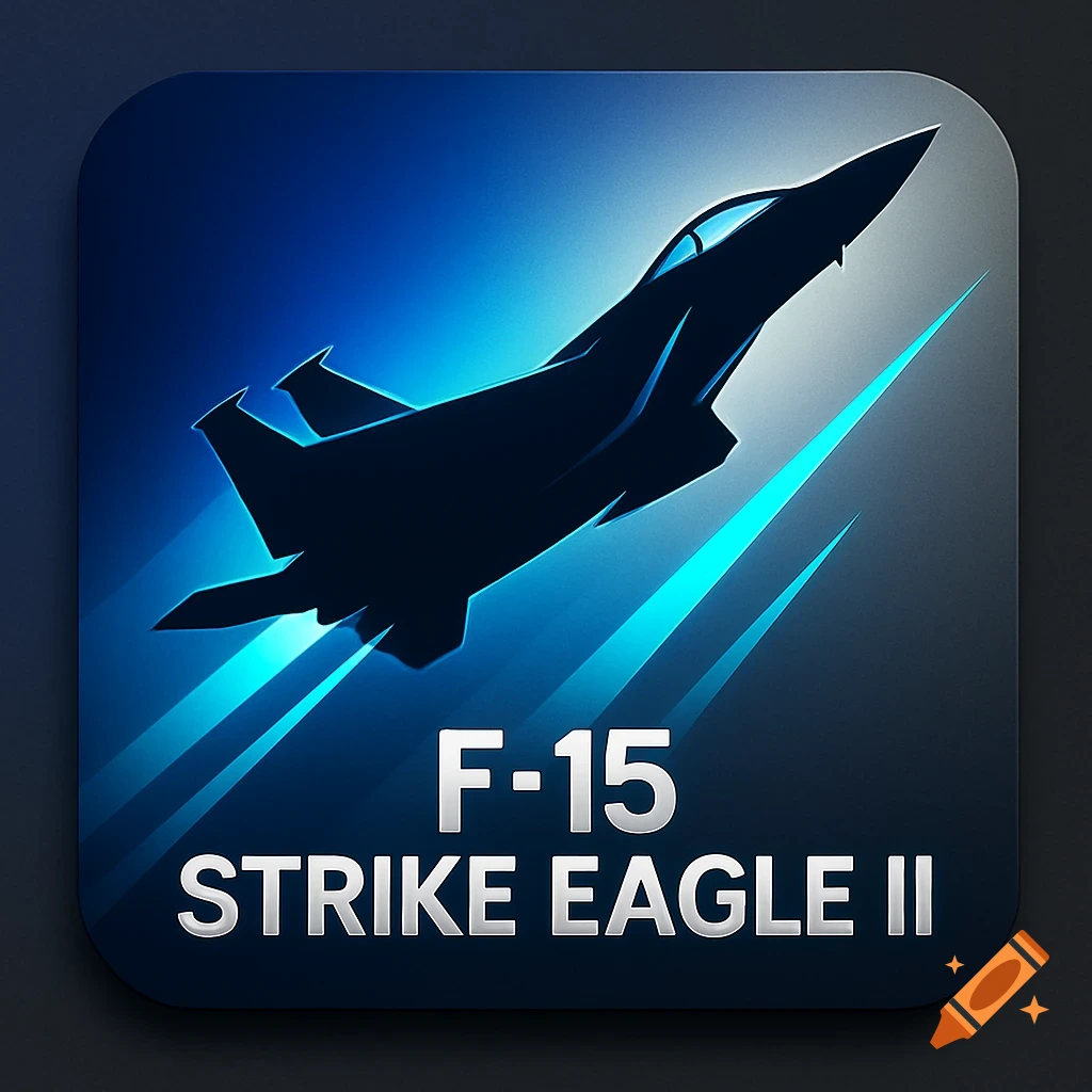 Stylized app icon with a silhouette of an F-15 fighter jet on a blue and black background, with text 'F-15 Strike Eagle II'.