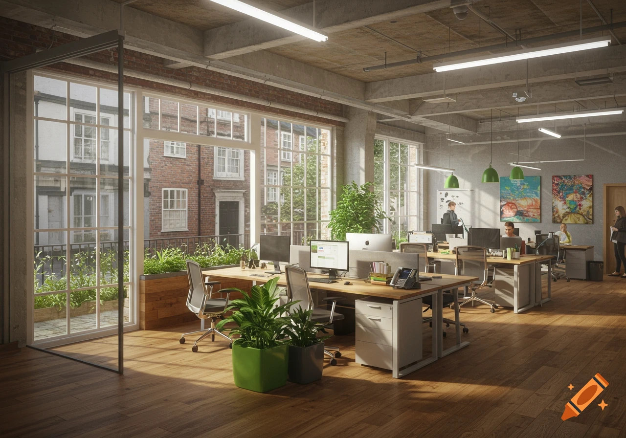 A sunlit, modern open-plan office with large windows overlooking brick buildings, wooden floors, desks, computers, chairs, and potted plants. Several people are working at their desks.