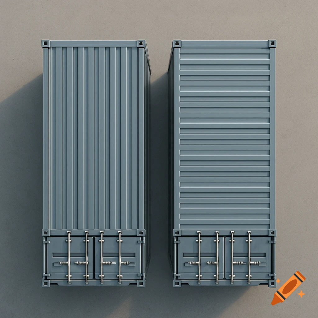 An overhead diagram showing two grey cargo containers placed immediately adjacent to each other lengthwise.