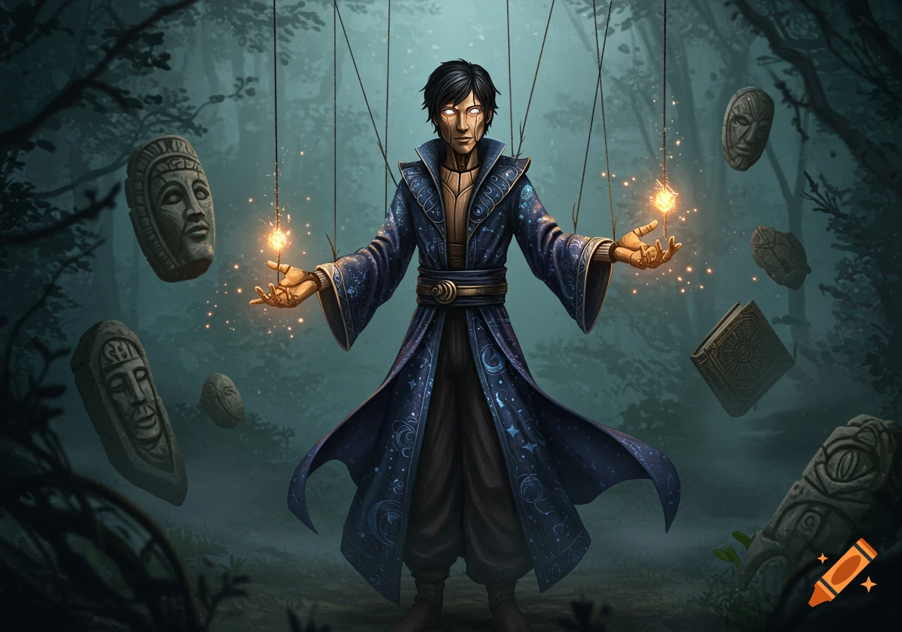 A puppet wizard with glowing eyes stands in a mystical forest, using magic to control floating ancient masks and a book. Fantasy art.