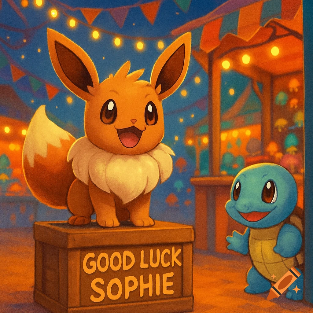 Eevee stands on a wooden box labeled "GOOD LUCK SOPHIE" in a vibrant fairground, while Squirtle peeks from behind a stall.
