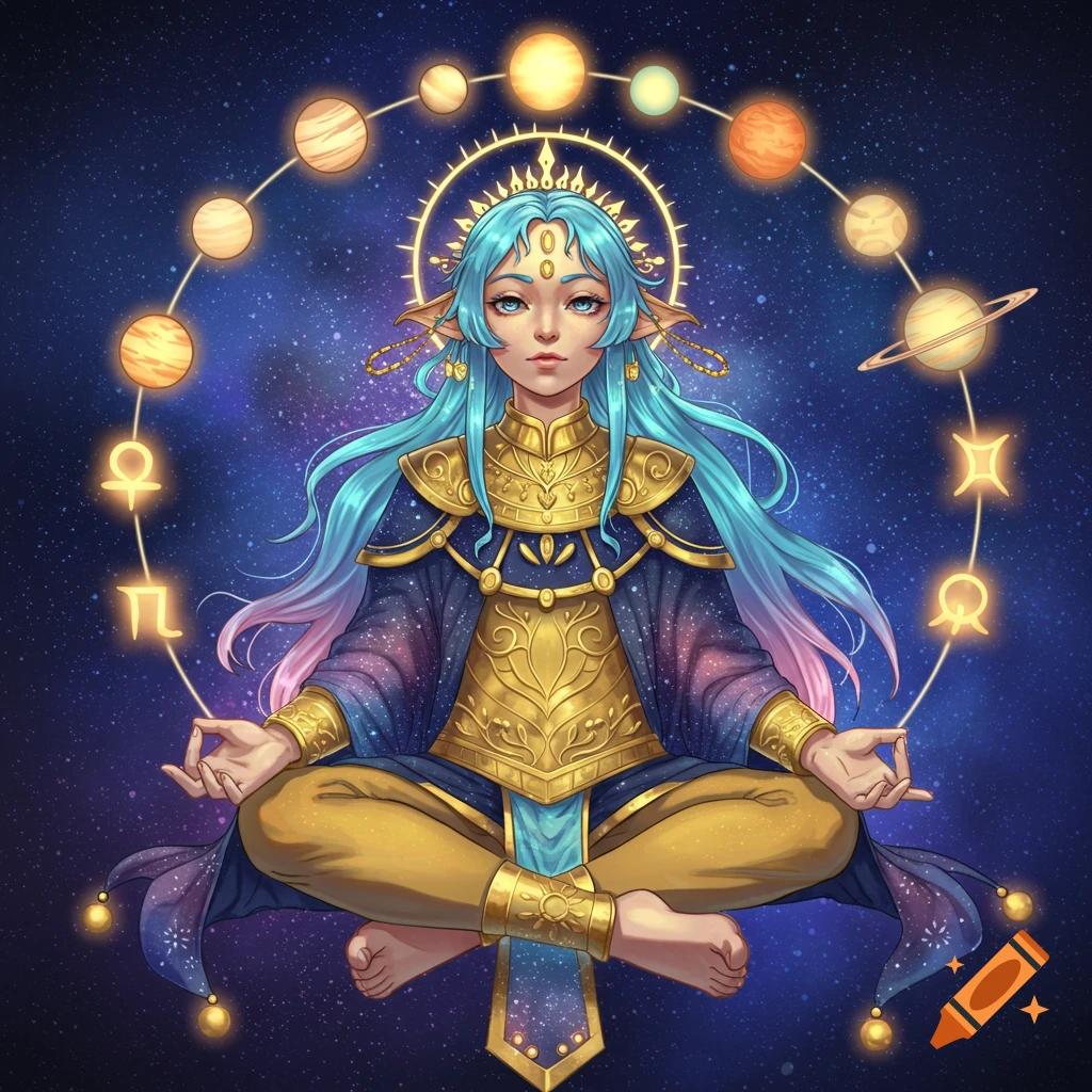 Anime goddess with blue hair meditating in space, surrounded by planets and glowing symbols.