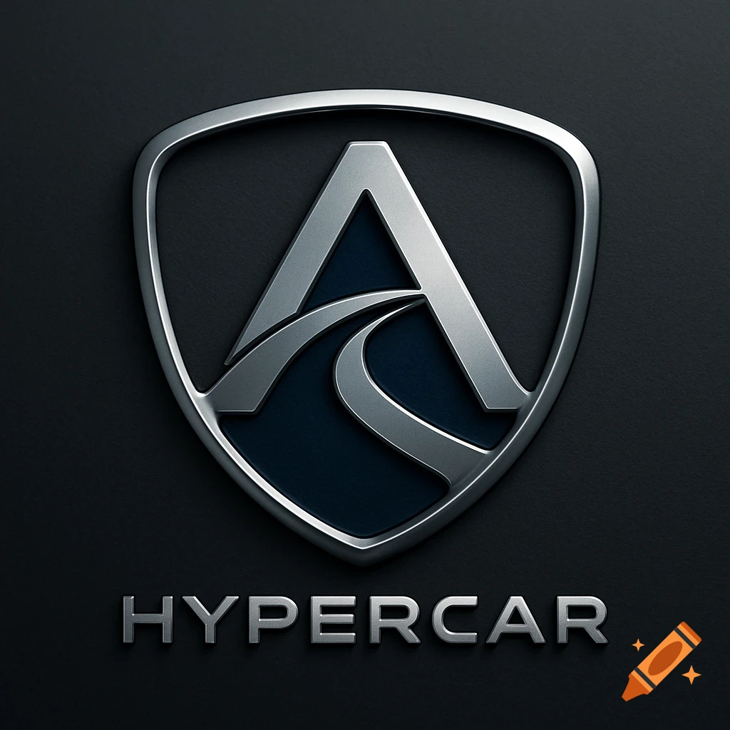 A metallic silver, shield-shaped logo featuring a stylized letter A and the word HYPERCAR on a dark background.