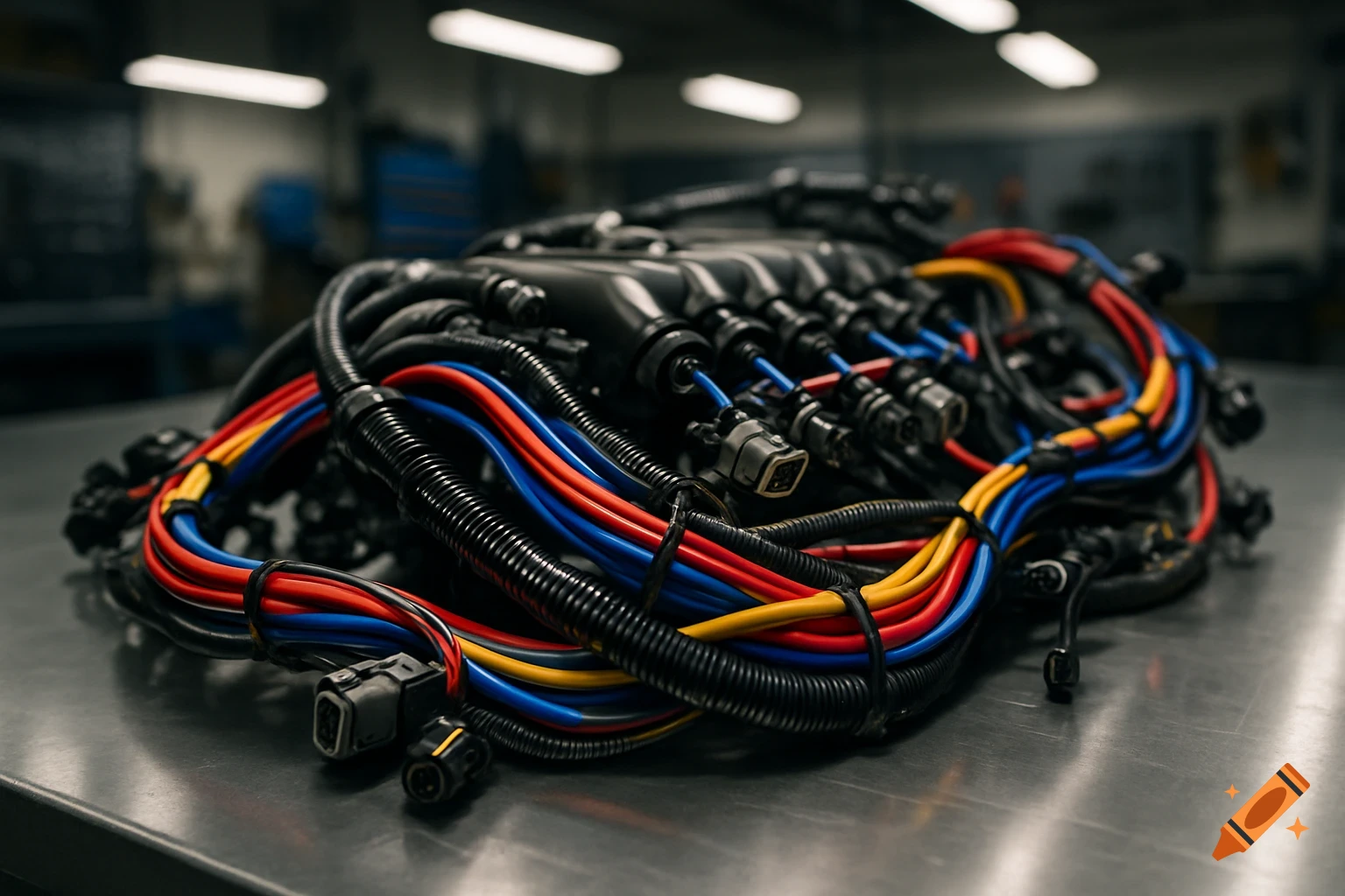 A close-up, photorealistic shot of a colorful wiring harness with red, blue, and yellow wires on a metallic surface in a workshop.