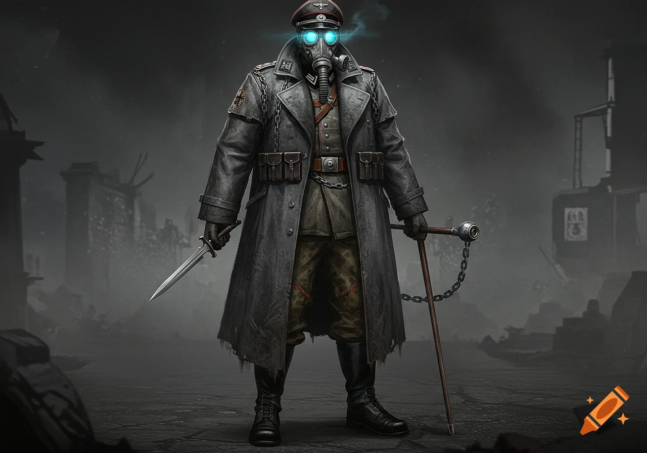 A menacing android in a 1940s-style military trench coat and gas mask with glowing blue eyes, holding a dagger and a chained stick in a ruined setting.