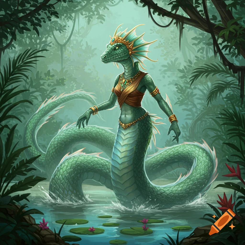 Fantasy illustration of a green scaly Naga with gold jewelry in a jungle pond.