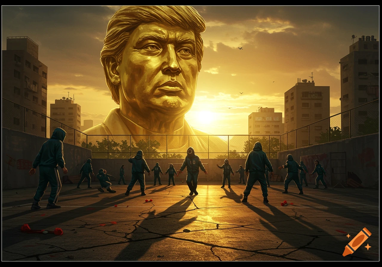 A giant golden bust resembling Donald Trump overlooks people in 'Squid Game' tracksuits playing on a cracked urban court at sunset.